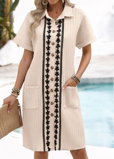 women clothes image of Light Camel Tummy Coverage Short Sleeve Shirt Collar Dress