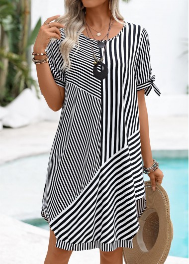 women clothes image of Black Tummy Coverage Striped Short Sleeve Round Neck Dress