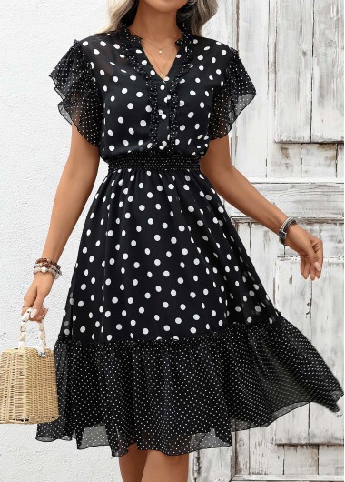 women clothes image of Black Polka Dot Patchwork Short Sleeve V Neck Dress