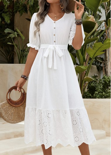 women clothes image of White Tummy Coverage Belted Short Sleeve V Neck Dress
