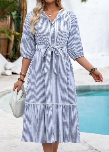 women clothes image of Navy Tummy Coverage Striped Belted 3/4 Sleeve Dress