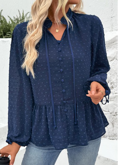 women clothes image of Navy Tummy Coverage Long Sleeve Stand Collar Blouse