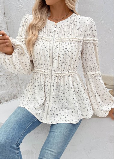 women clothes image of Beige Peplum Ditsy Floral Print Long Sleeve Blouse