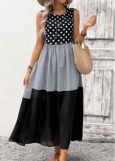 women clothes image of Black Tummy Coverage Polka Dot Sleeveless Round Neck Dress