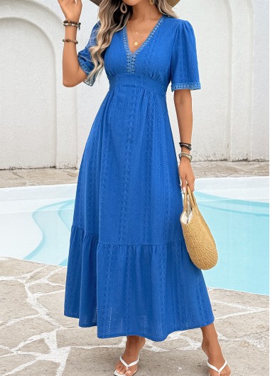 women clothes image of Royal Blue Tummy Coverage Short Sleeve V Neck Dress