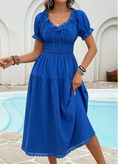 women clothes image of Blue Tummy Coverage Short Sleeve V Neck Dress
