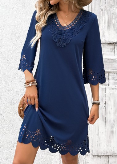 women clothes image of Navy Tummy Coverage Geometric Print Short 3/4 Sleeve Dress