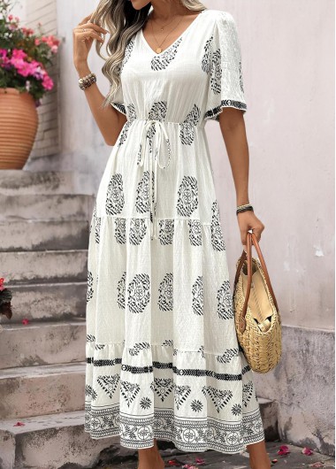women clothes image of White Bohemian Print Tummy Coverage Short Sleeve Dress