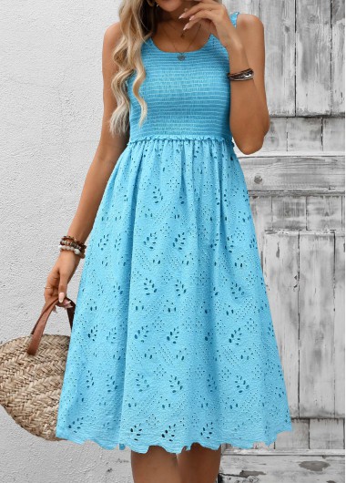 women clothes image of Sky Blue Tummy Coverage Sleeveless Square Neck Dress
