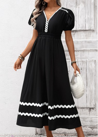 women clothes image of Black Tummy Coverage Maxi Short Sleeve V Neck Dress