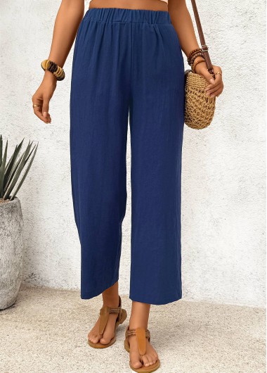 women clothes image of Dark Blue Straight Leg Elastic Waist High Waisted Pants