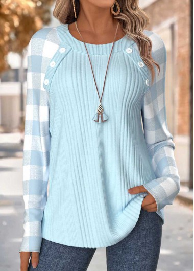 women clothes image of Light Blue Tummy Coverage Plaid Long Sleeve T Shirt