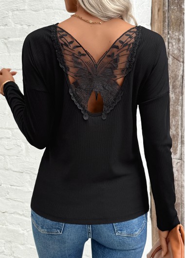 women clothes image of Black Patchwork Long Sleeve Round Neck T Shirt