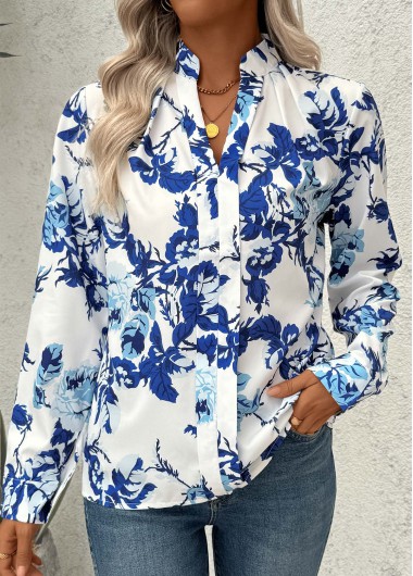 women clothes image of White Plants Print Long Sleeve Split Neck Blouse