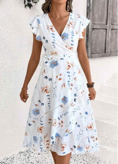women clothes image of White Surplice Floral Print Short Sleeve V Neck Dress