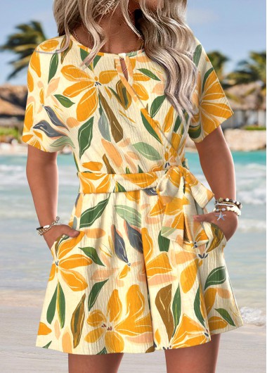 women clothes image of Multi Color Tummy Coverage Floral Print Short Belted Romper