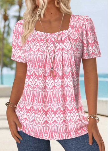 women clothes image of Light Pink Tummy Coverage Geometric Print T Shirt