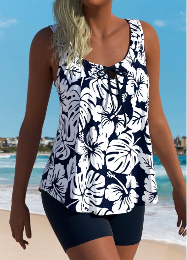 women clothes image of Tummy Coverage Mid Waisted Tropical Plants Print Tankini Set