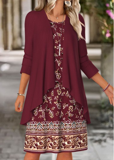 women clothes image of Wine Red Tummy Coverage Floral Print Dress and Cardigan