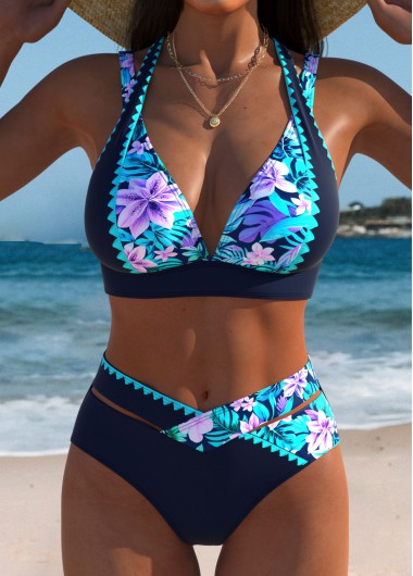 women clothes image of Criss Cross Mid Waisted Tropical Plants Print Bikini Set