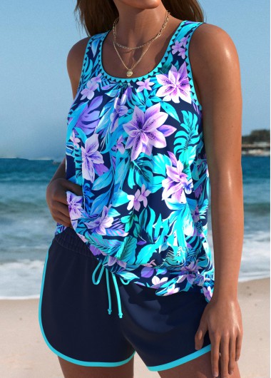 women clothes image of Tummy Coverage Mid Waisted Tropical Plants Print Tankini Set