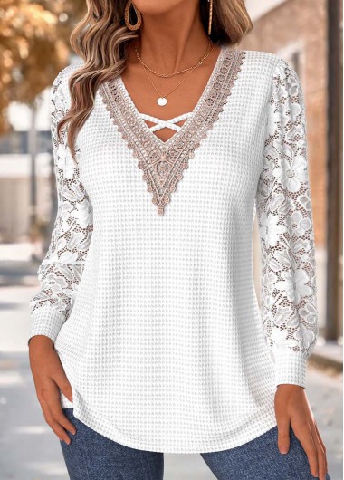 women clothes image of White Tummy Coverage Long Sleeve V Neck T Shirt