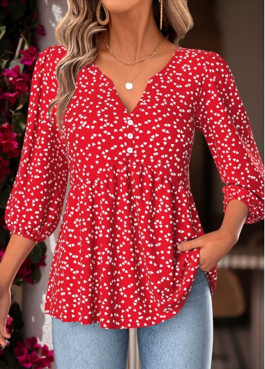 women clothes image of Red Tummy Coverage Heart Print 3/4 Sleeve Blouse
