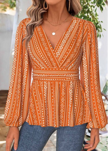 women clothes image of Terracotta Tummy Coverage Tribal Print Long Sleeve Blouse
