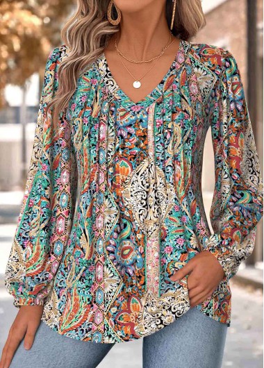 women clothes image of Multi Color Tummy Coverage Tribal Print Long Sleeve Blouse