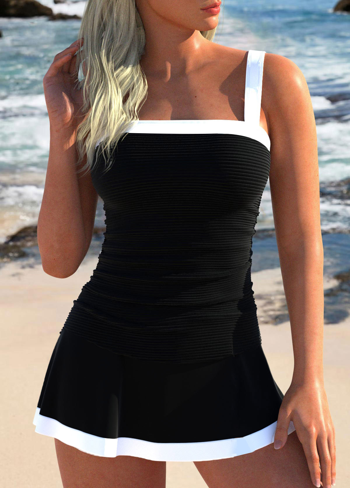 Contrast Binding Patchwork Black Tankini Set | picture 