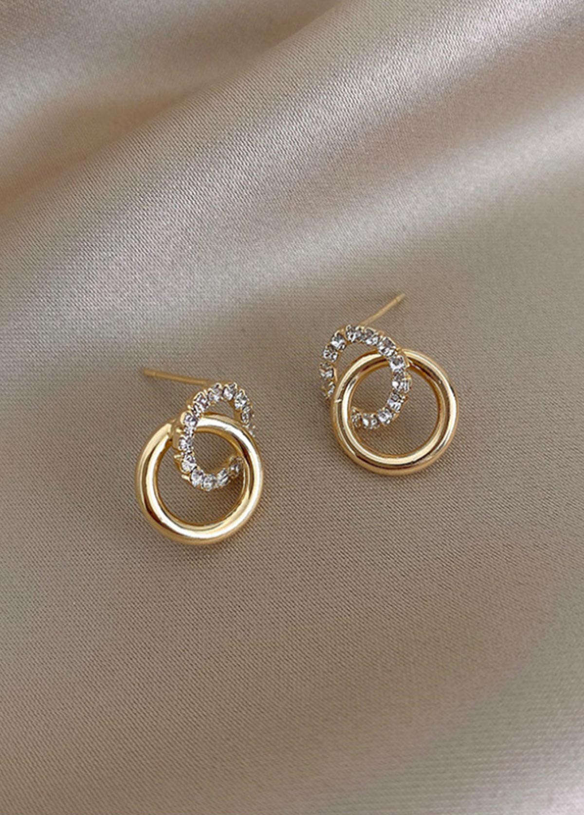 Golden Round Alloy Rhinestone Double Hoop Earrings | picture 