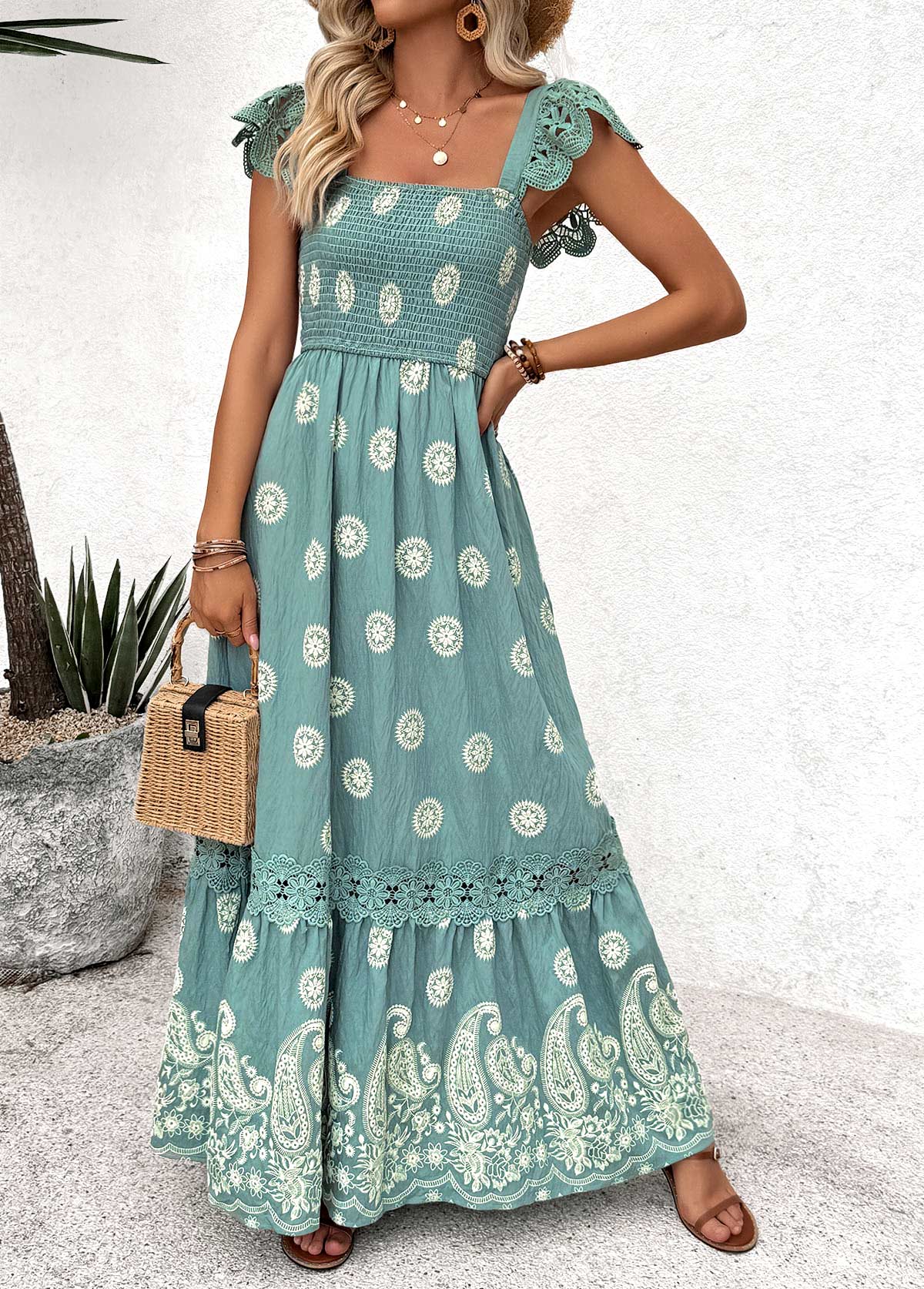 Sage Green Tummy Coverage Tribal Print Maxi Bandeau Dress | picture 