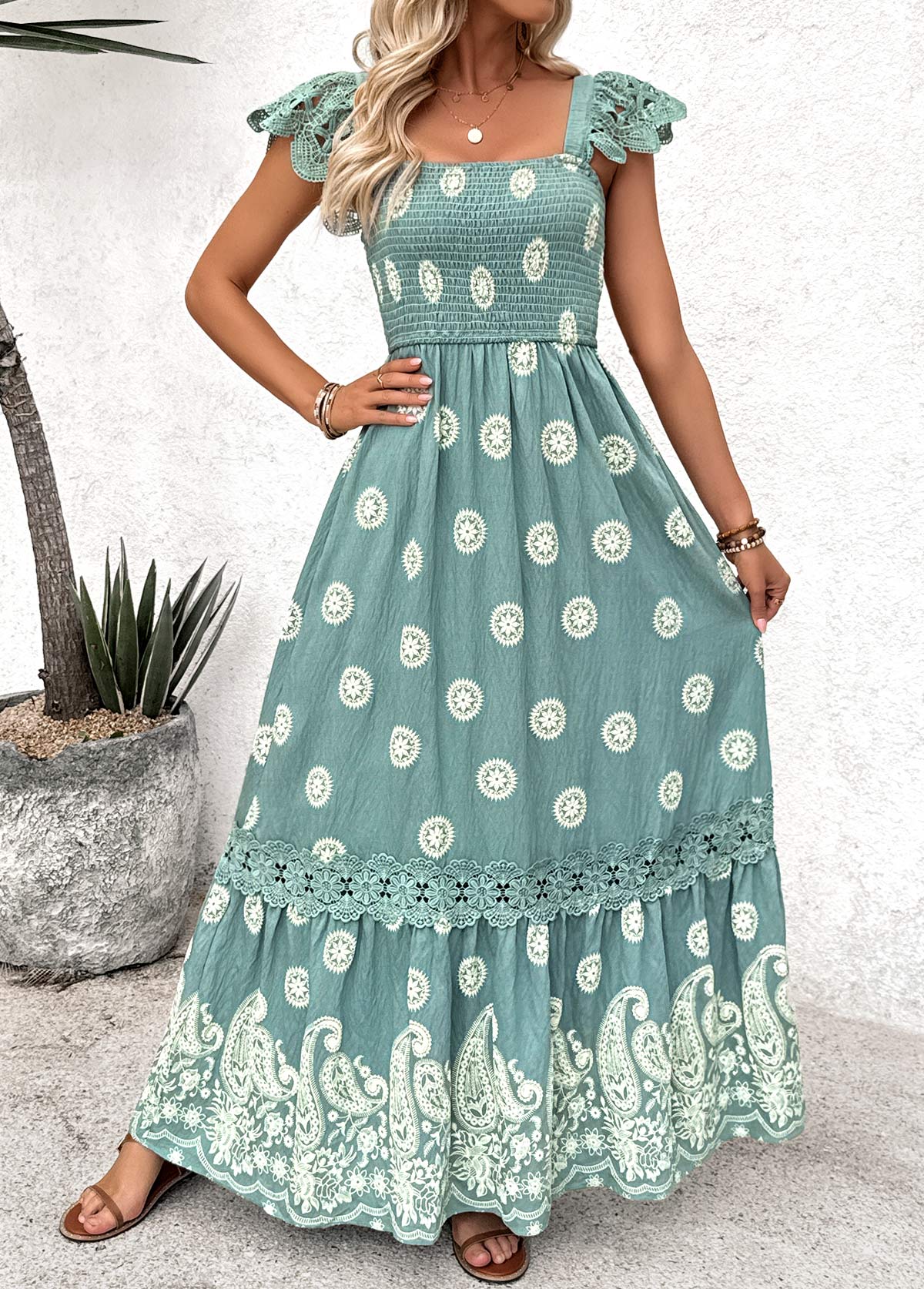 Sage Green Tummy Coverage Tribal Print Maxi Bandeau Dress | picture 