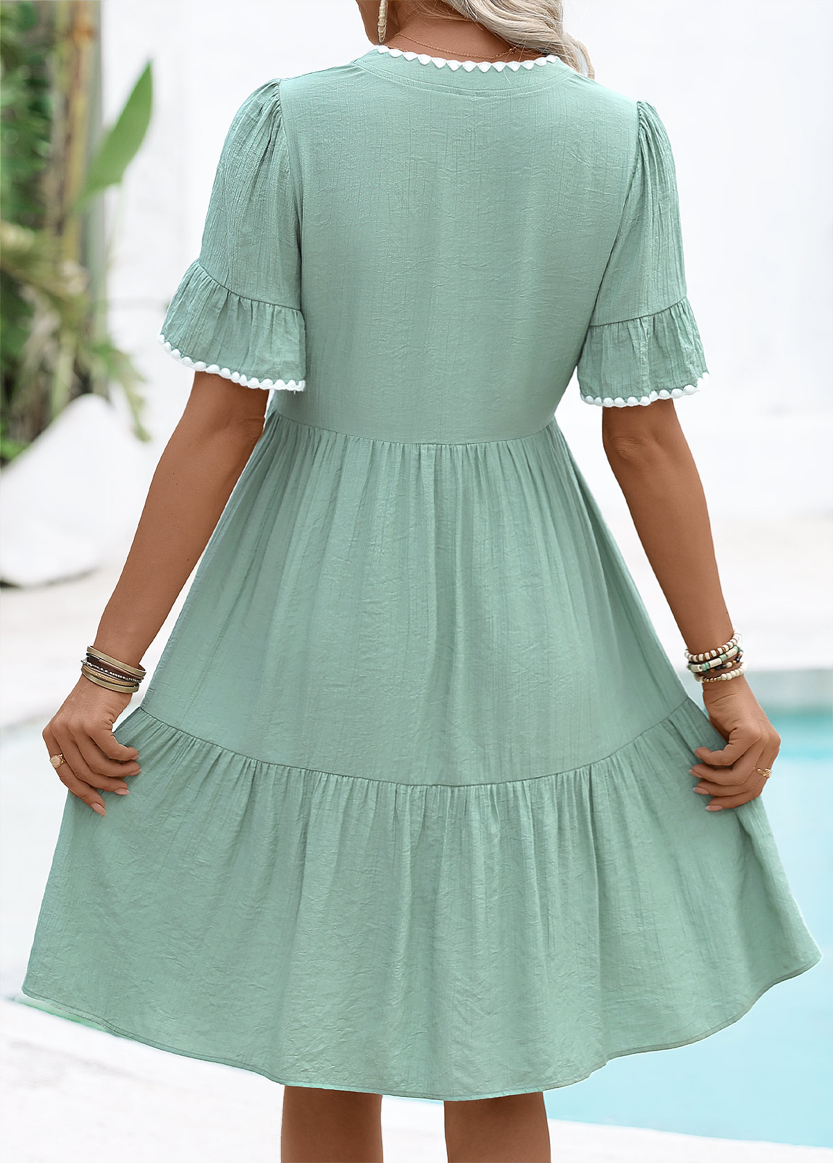 Green Tummy Coverage Short Split Neck Dress | picture 