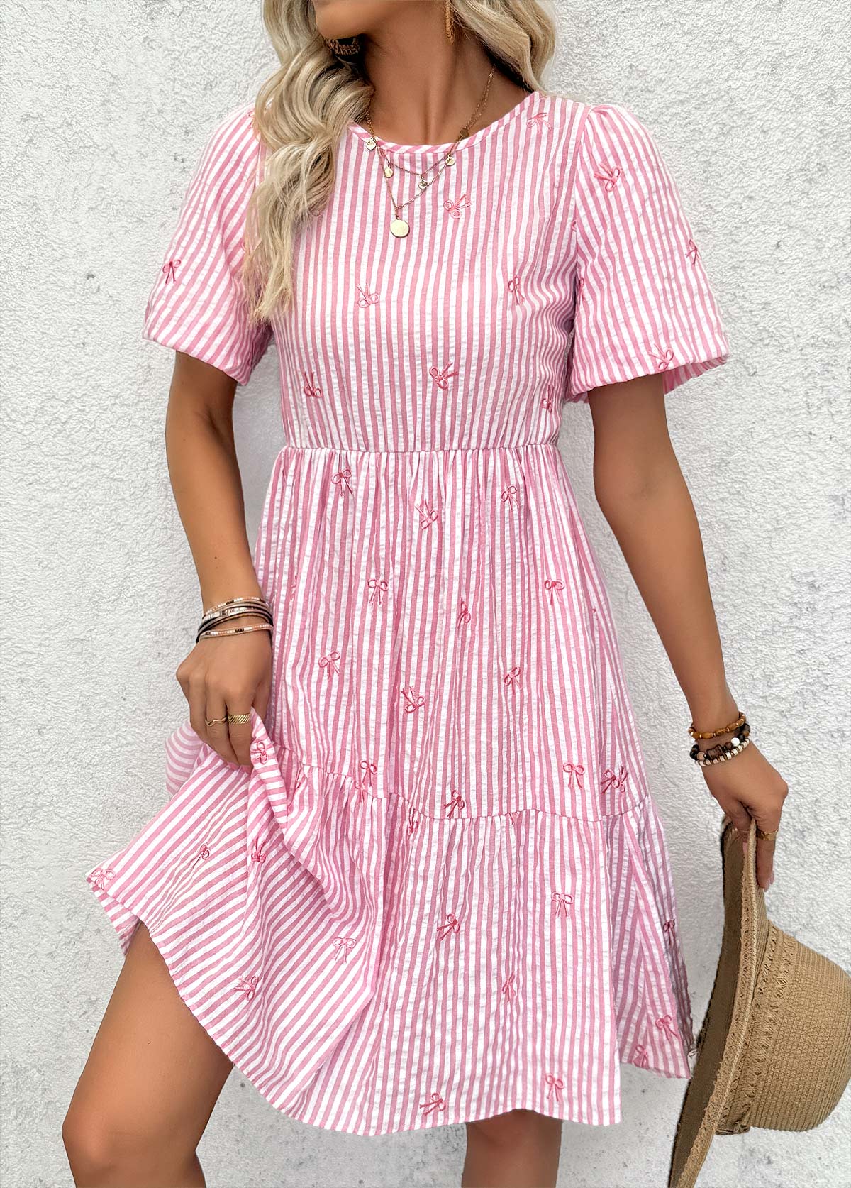 Light Pink Striped Asymmetry Short Sleeve Round Neck Dress | picture 