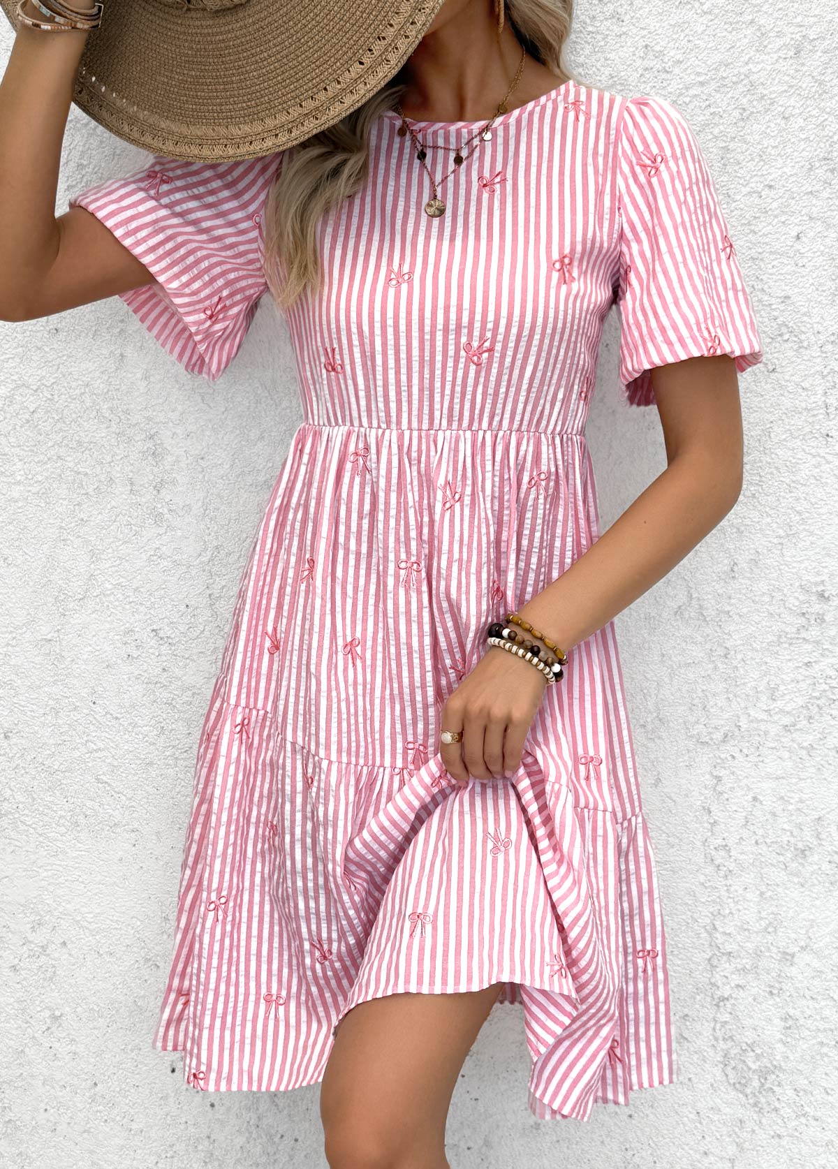Light Pink Striped Asymmetry Short Sleeve Round Neck Dress | picture 