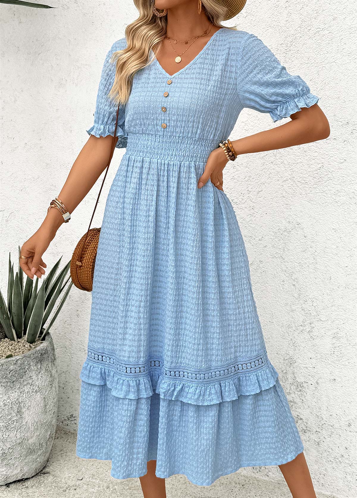 Blue Tummy Coverage Short Sleeve V Neck Dress | picture 