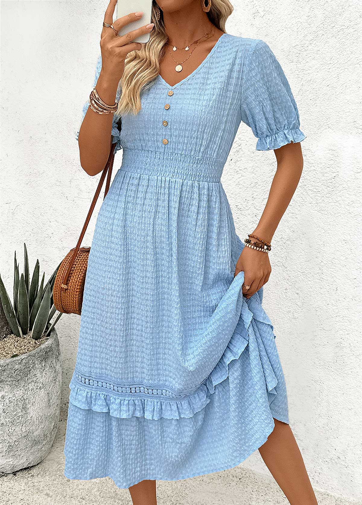 Blue Tummy Coverage Short Sleeve V Neck Dress | picture 