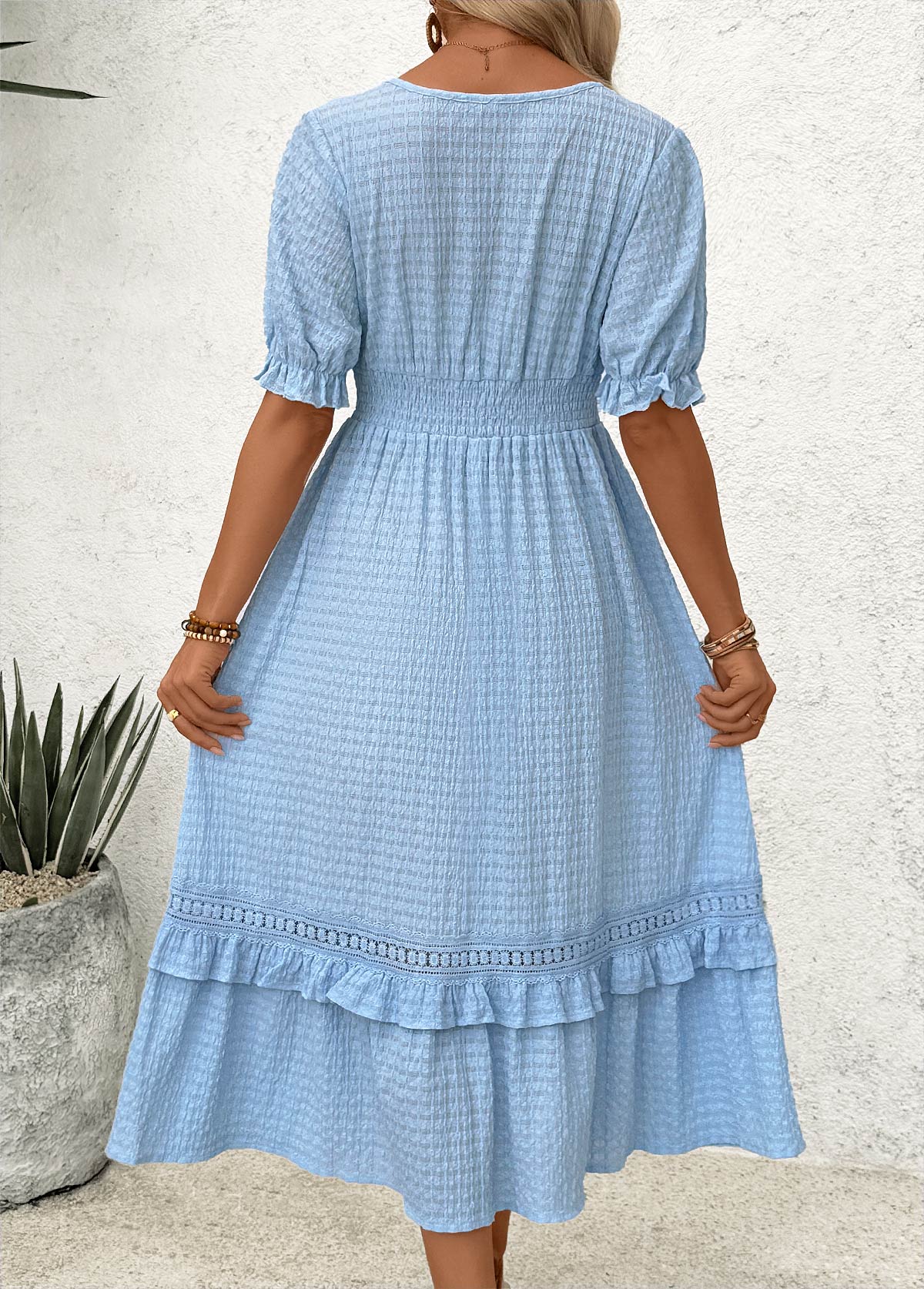 Blue Tummy Coverage Short Sleeve V Neck Dress | picture 