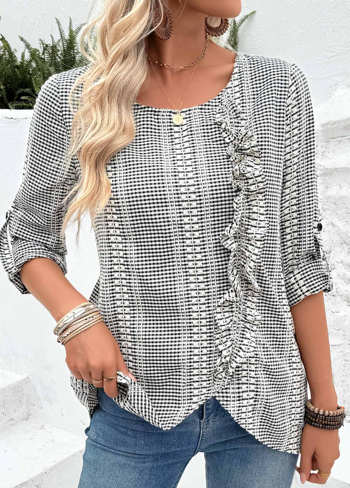 Black Tummy Coverage Long Sleeve Round Neck Blouse | picture 