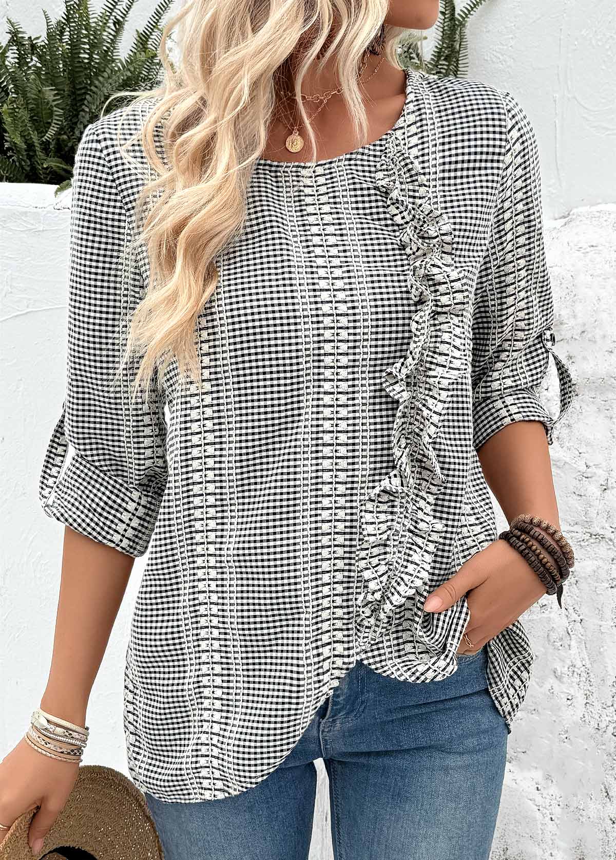 Black Tummy Coverage Long Sleeve Round Neck Blouse | picture 