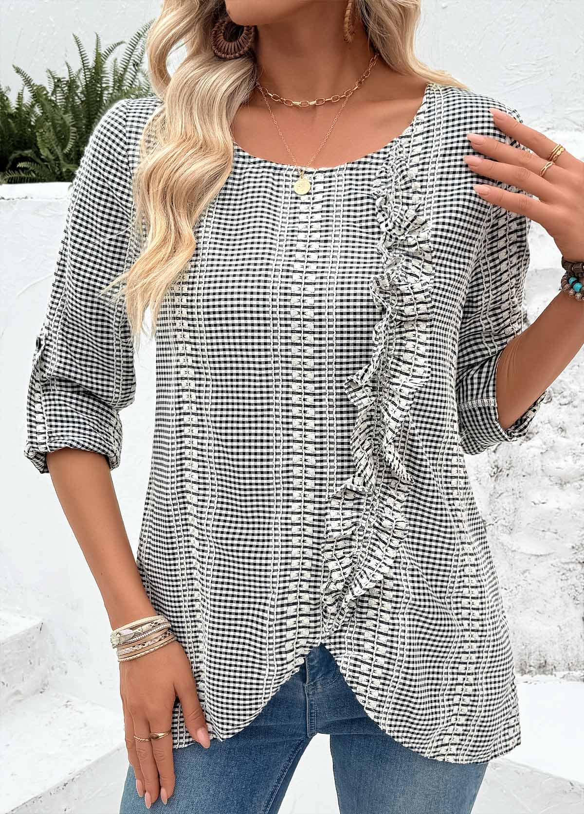 Black Tummy Coverage Long Sleeve Round Neck Blouse | picture 