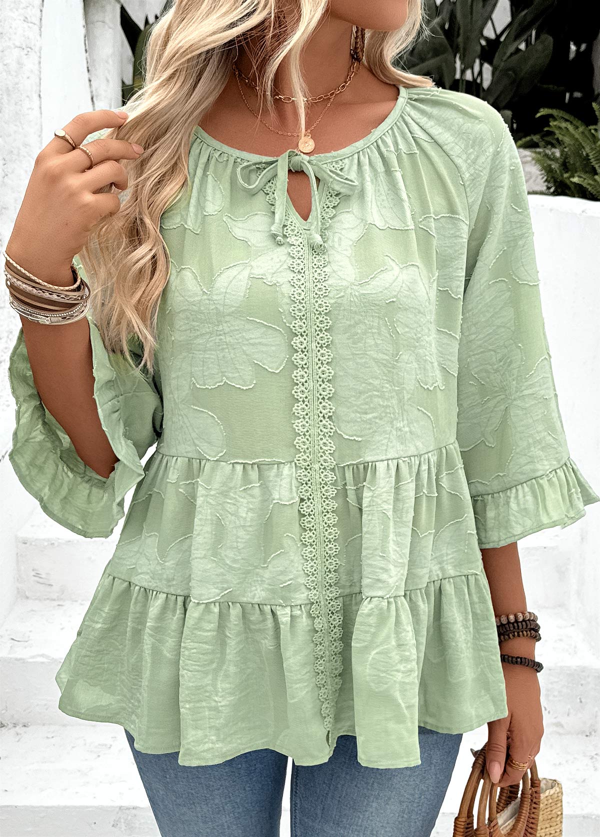 Sage Green Tummy Coverage 3/4 Sleeve Round Neck Blouse | picture 