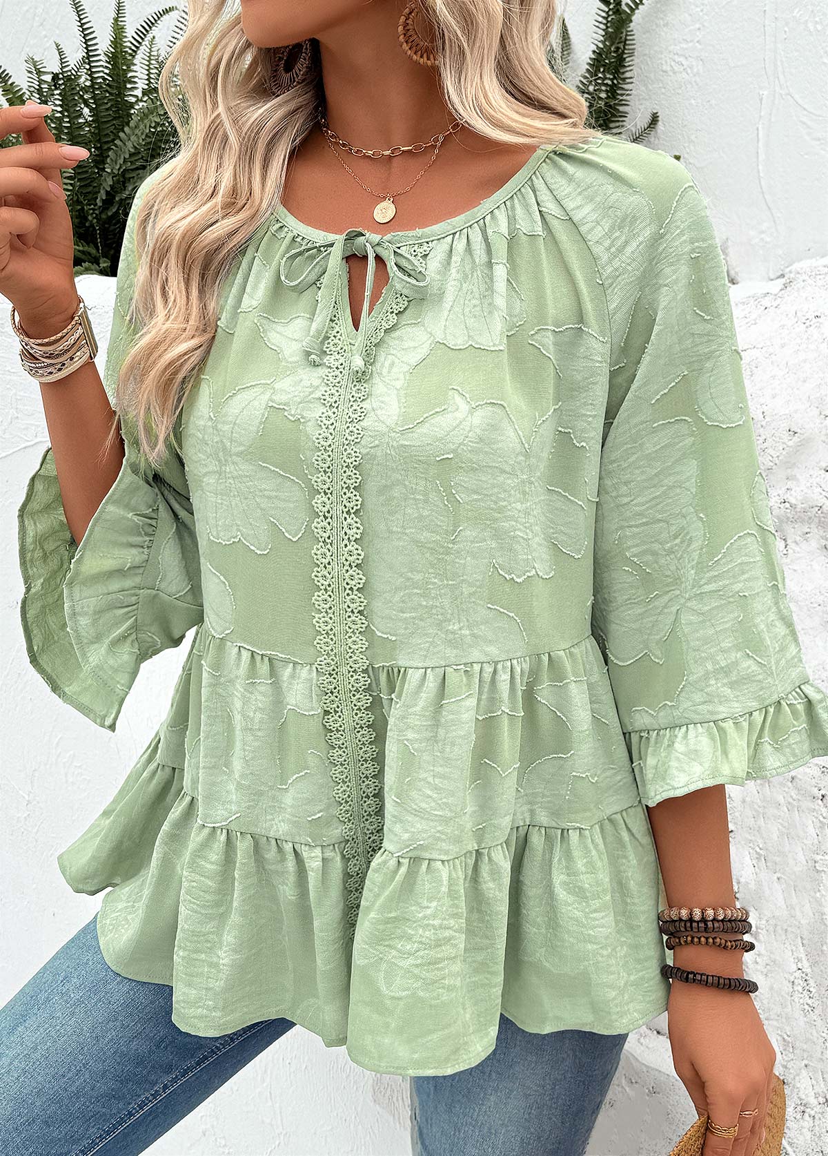 Sage Green Tummy Coverage 3/4 Sleeve Round Neck Blouse | picture 