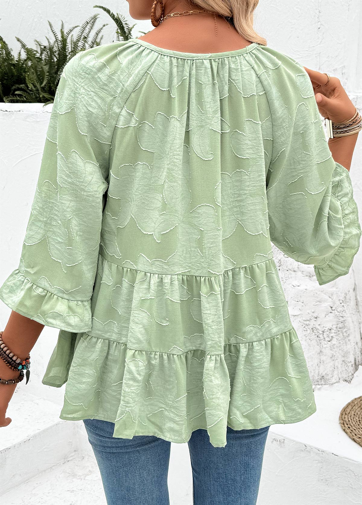 Sage Green Tummy Coverage 3/4 Sleeve Round Neck Blouse | picture 