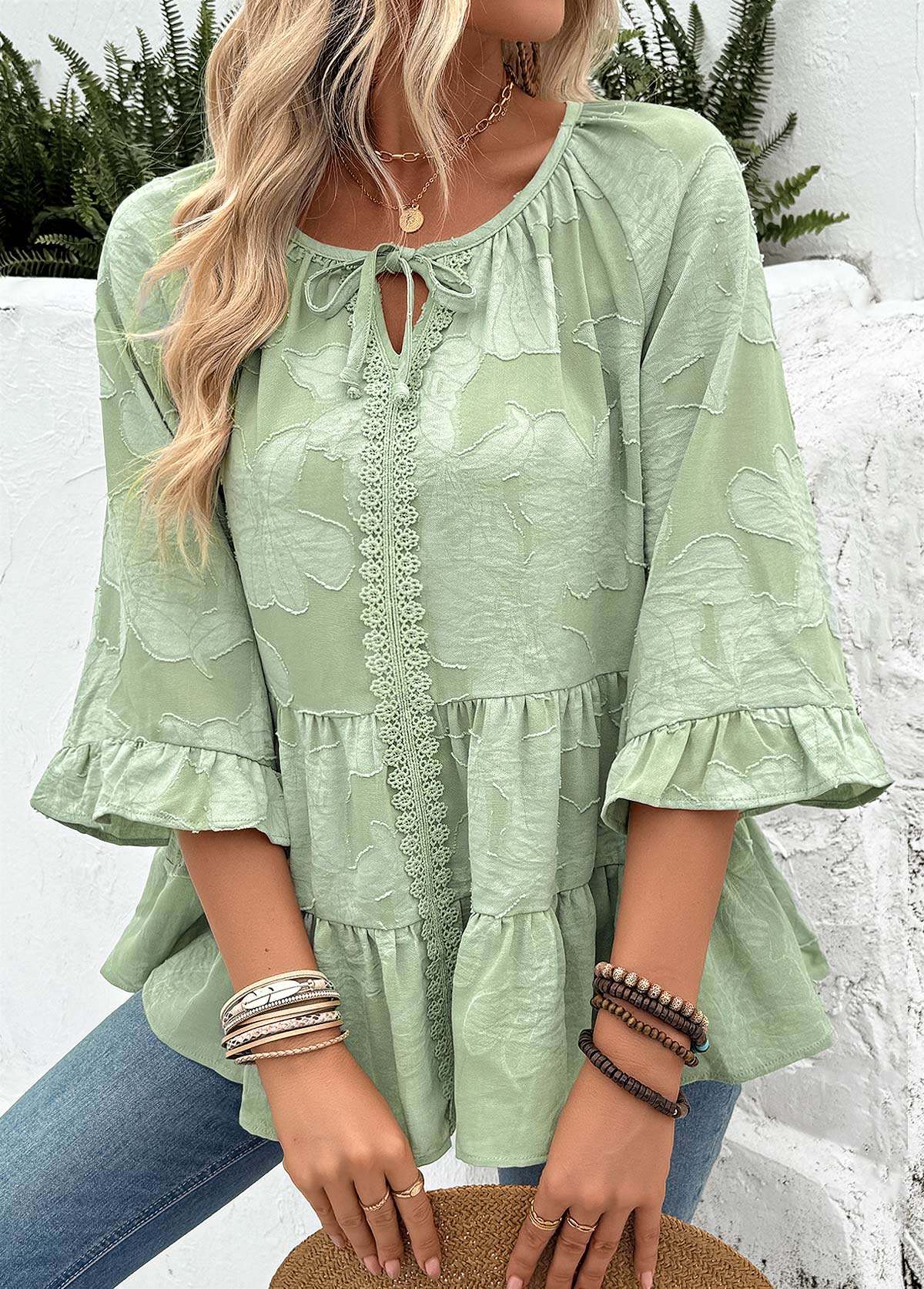 Sage Green Tummy Coverage 3/4 Sleeve Round Neck Blouse | picture 