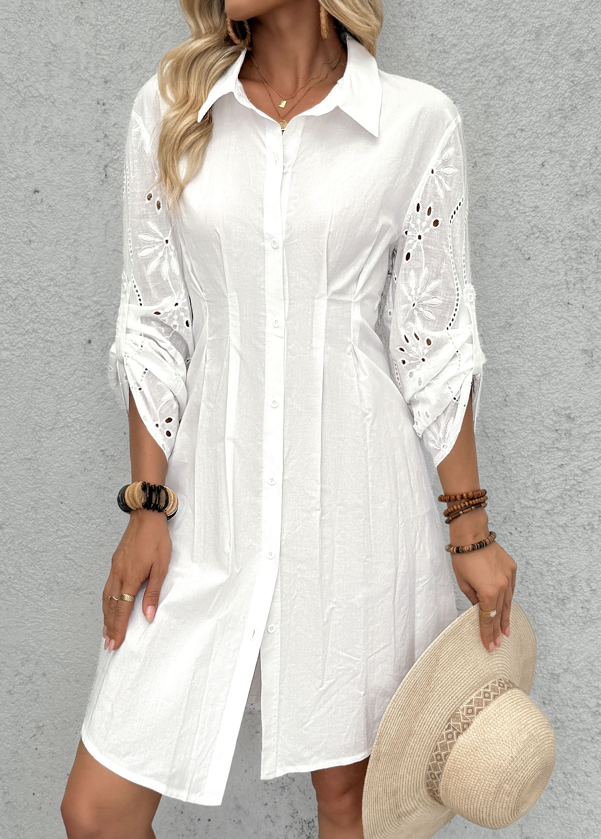 White Tummy Coverage Long Sleeve Shirt Collar Dress | picture 