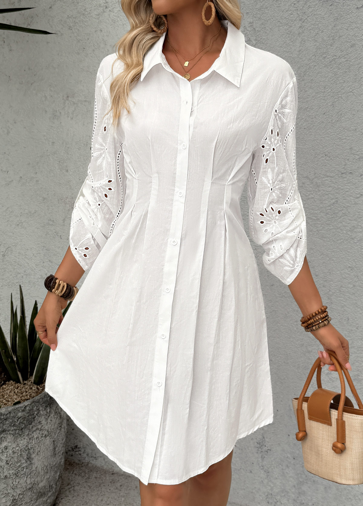 White Tummy Coverage Long Sleeve Shirt Collar Dress | picture 