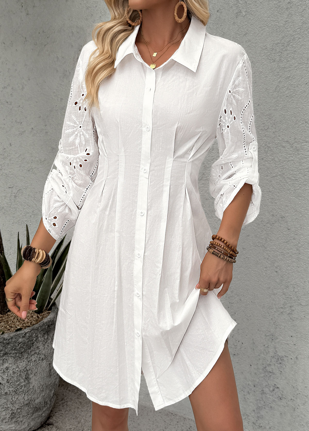 White Tummy Coverage Long Sleeve Shirt Collar Dress | picture 