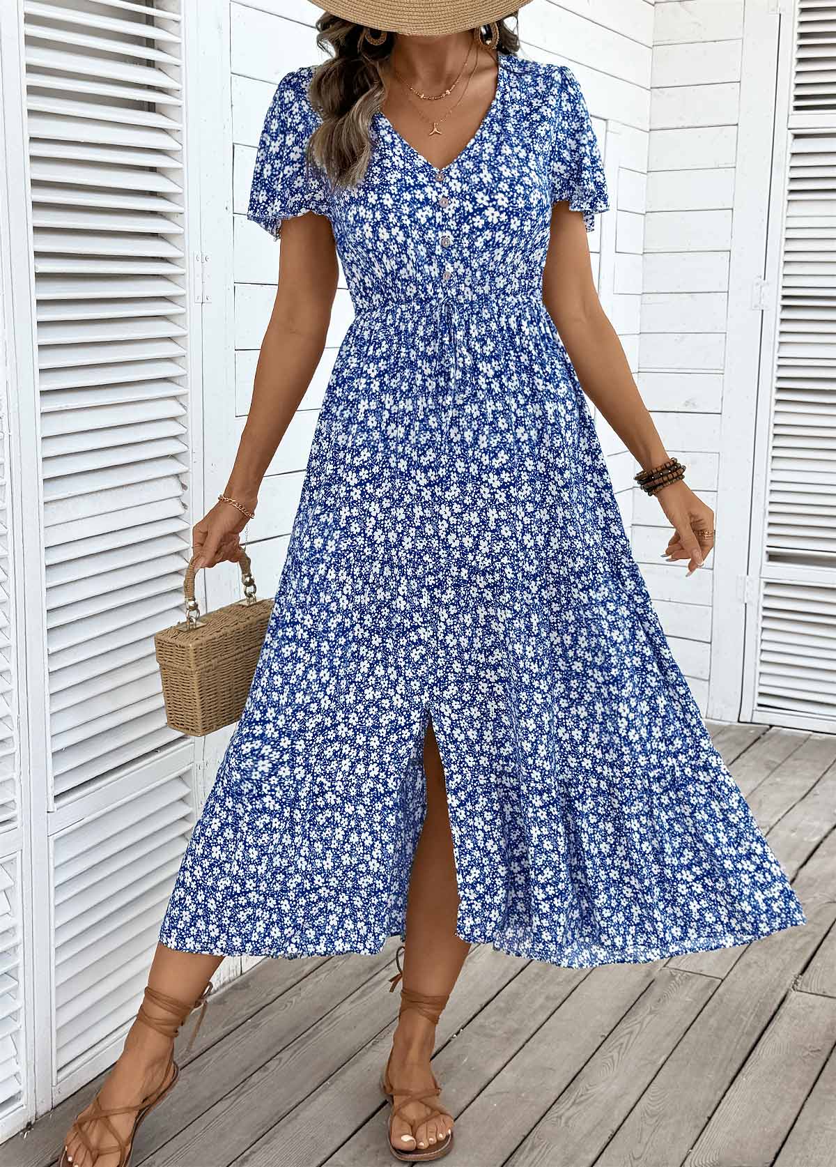 Dark Blue Tummy Coverage Ditsy Floral Print Dress | picture 